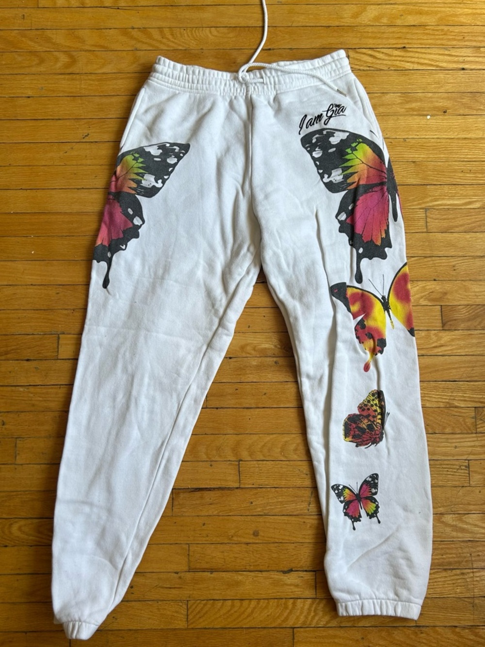 I.AM.GIA White Track Pants with Multicolor Butterfly Prints